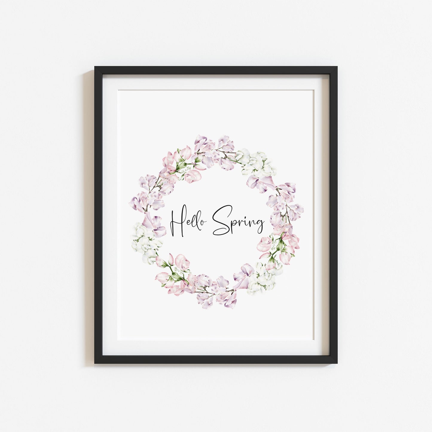 Hello Spring, pink & white floral watercolour wreath spring seasonal unframed wall art poster print