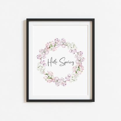 Hello Spring, pink & white floral watercolour wreath spring seasonal unframed wall art poster print