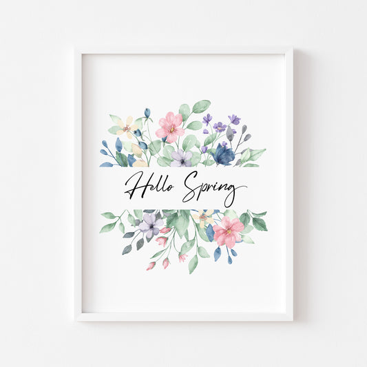 Hello Spring wildflower green, pink, purple watercolour floral wreath home unframed wall art poster print