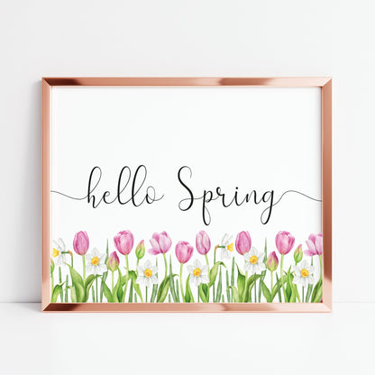 Hello spring pink tulips floral borderless watercolour landscape unframed wall art poster print