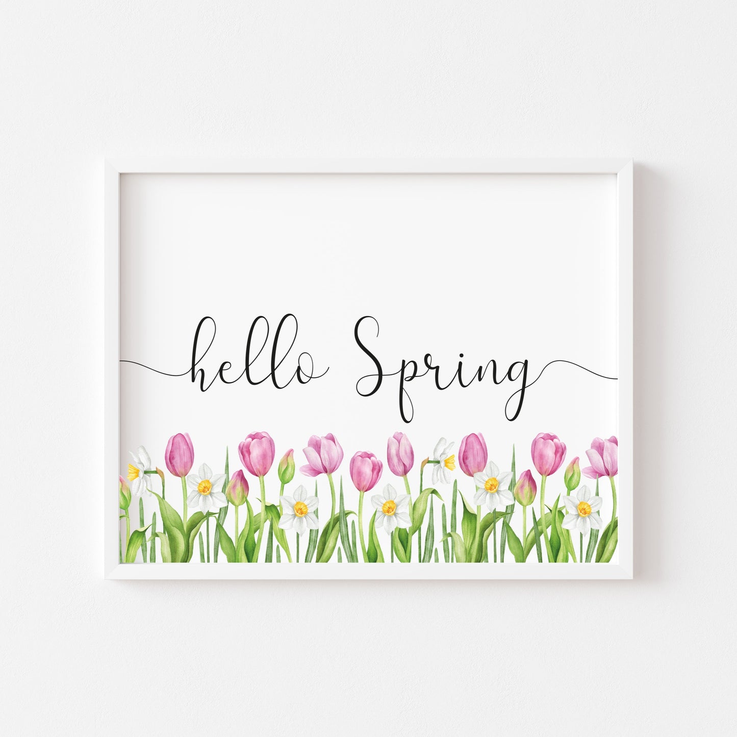 Hello spring pink tulips floral borderless watercolour landscape unframed wall art poster print