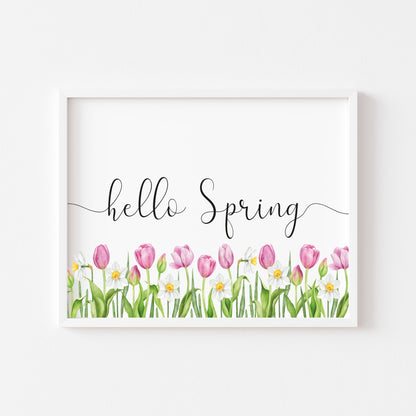 Hello spring pink tulips floral borderless watercolour landscape unframed wall art poster print