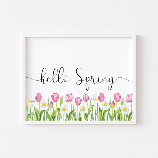 Hello spring pink tulips floral borderless watercolour landscape unframed wall art poster print