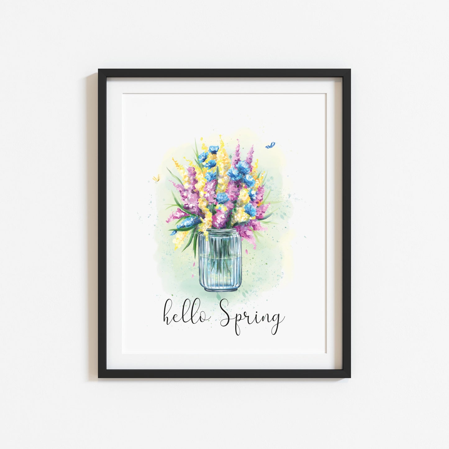 Hello spring watercolour floral jar of flowers pretty watercolour unframed wall art poster print