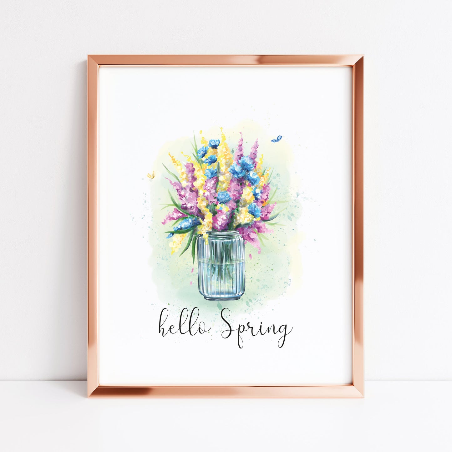 Hello spring watercolour floral jar of flowers pretty watercolour unframed wall art poster print