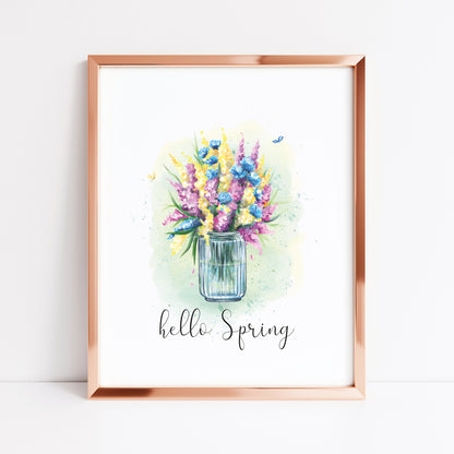 Hello spring watercolour floral jar of flowers pretty watercolour unframed wall art poster print
