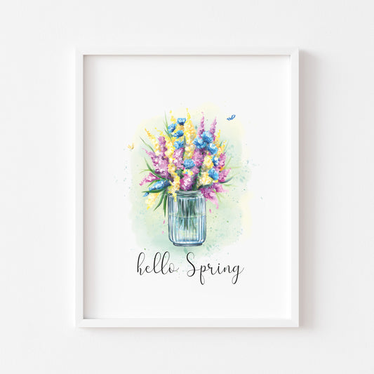 Hello spring watercolour floral jar of flowers pretty watercolour unframed wall art poster print