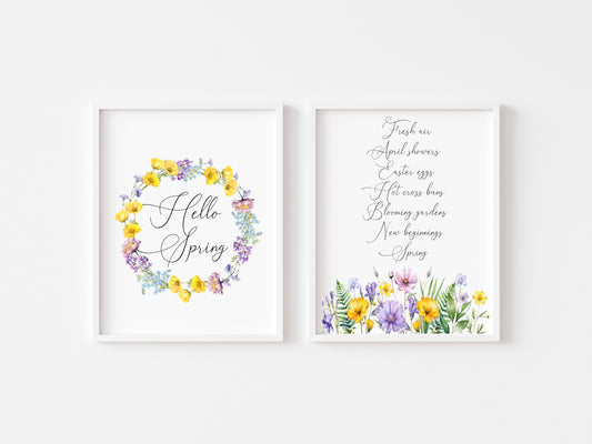 Set of 2 spring prints, spring favourites, hello spring wildflower seasonal unframed wall art poster prints, seasonal decor, spring wall art