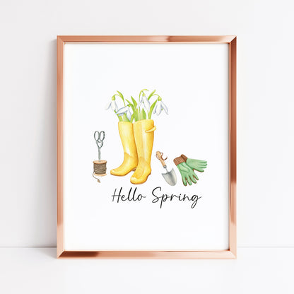 Hello spring yellow & green watercolour seasonal unframed wall art poster print