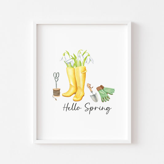 Hello spring yellow & green watercolour seasonal unframed wall art poster print
