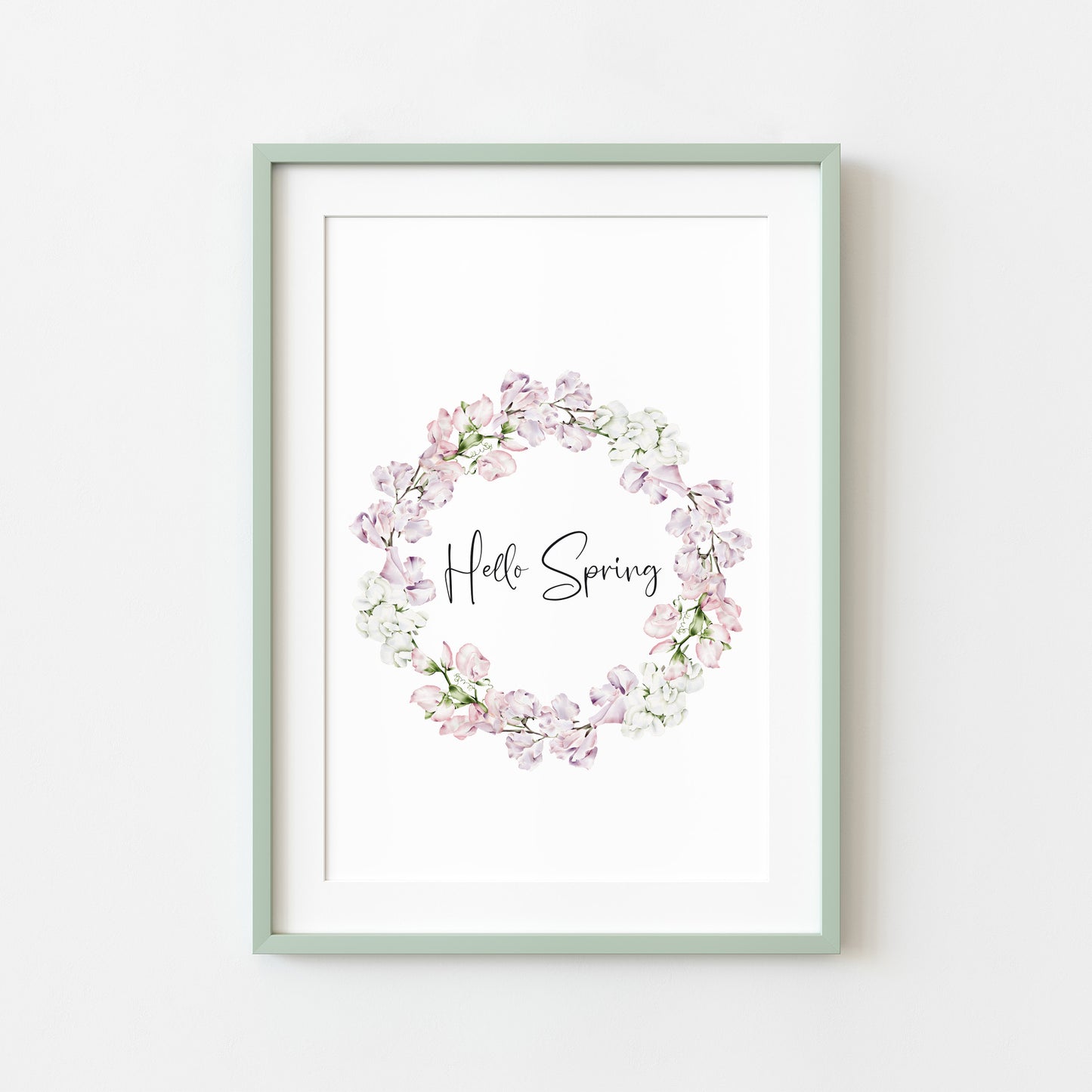Hello Spring, pink & white floral watercolour wreath spring seasonal unframed wall art poster print