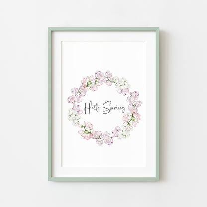 Hello Spring, pink & white floral watercolour wreath spring seasonal unframed wall art poster print