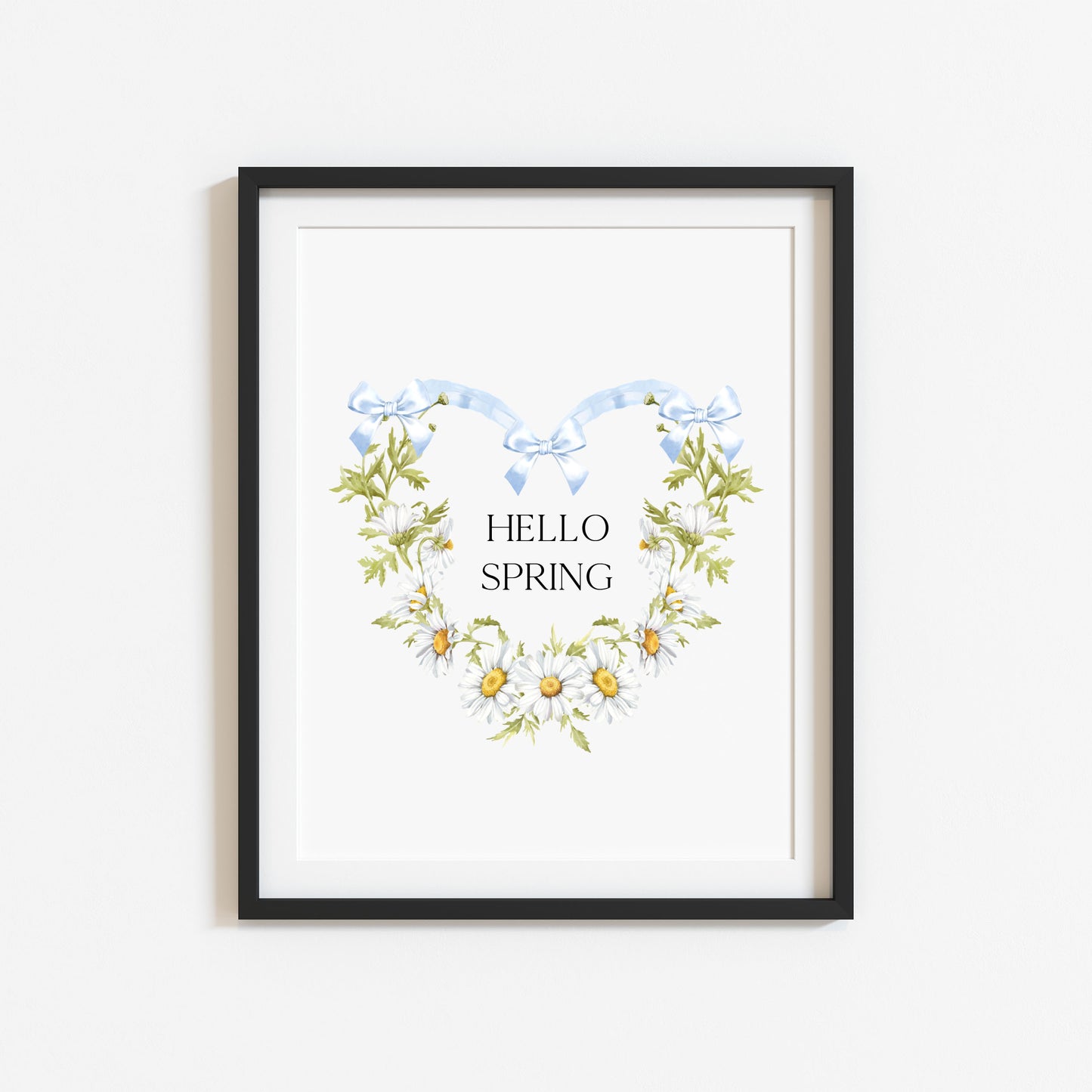 Hello Spring wall art, blue bow daisy heart wreath floral decor unframed poster print
