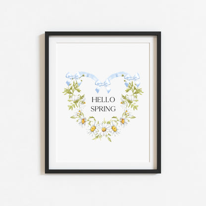 Hello Spring wall art, blue bow daisy heart wreath floral decor unframed poster print