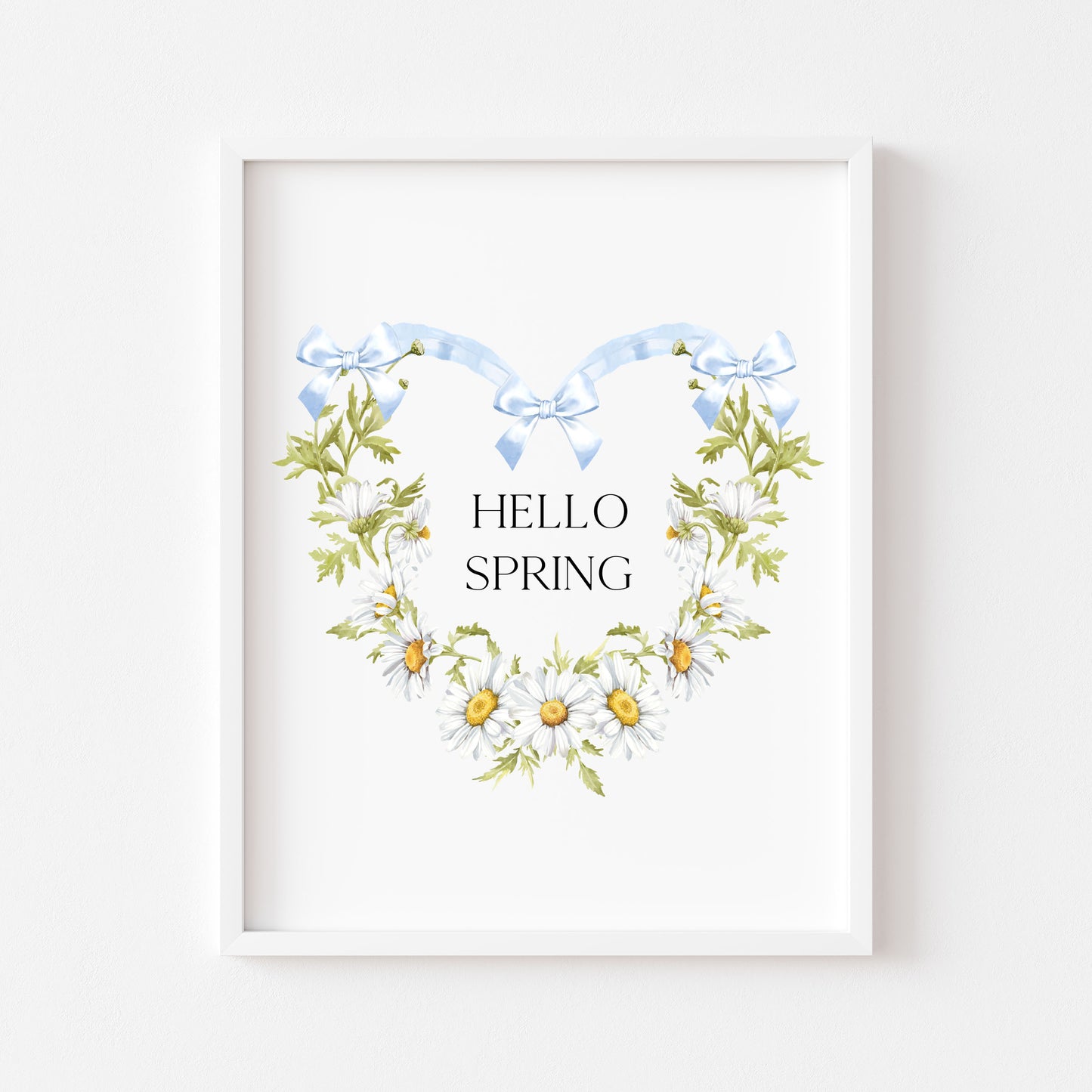 Hello Spring wall art, blue bow daisy heart wreath floral decor unframed poster print
