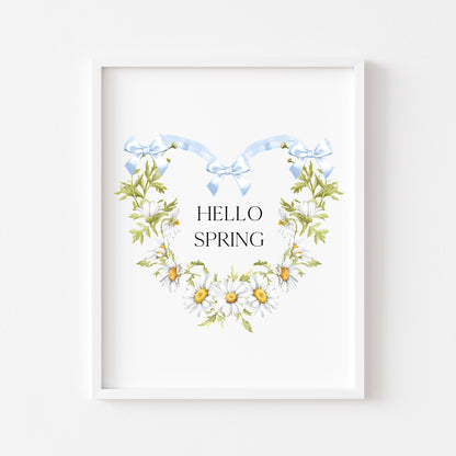 Hello Spring wall art, blue bow daisy heart wreath floral decor unframed poster print