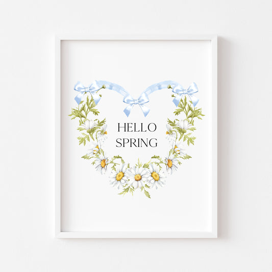 Hello Spring wall art, blue bow daisy heart wreath floral decor unframed poster print