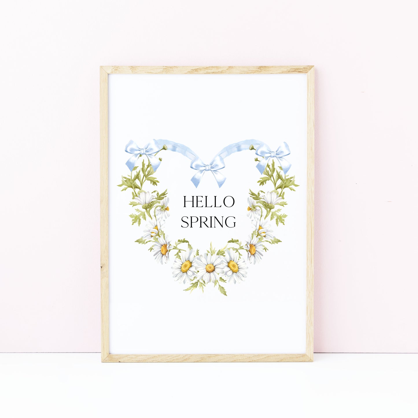 Hello Spring wall art, blue bow daisy heart wreath floral decor unframed poster print