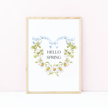 Hello Spring wall art, blue bow daisy heart wreath floral decor unframed poster print