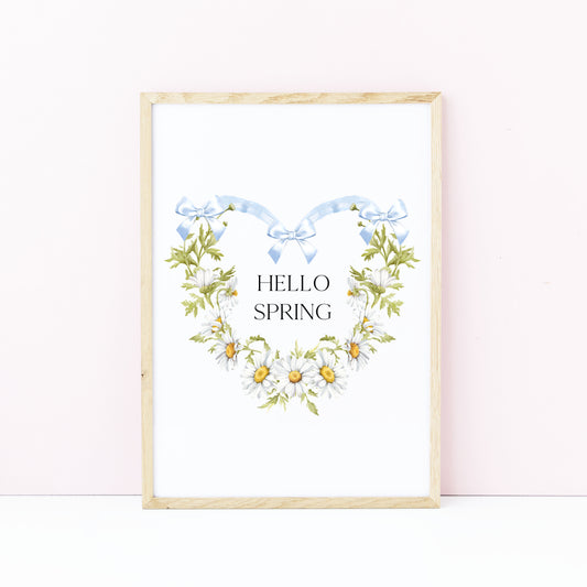 Hello Spring wall art, blue bow daisy heart wreath floral decor unframed poster print