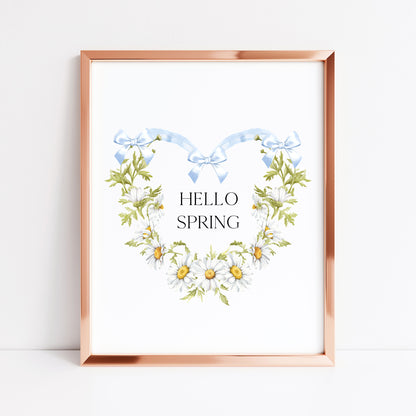 Hello Spring wall art, blue bow daisy heart wreath floral decor unframed poster print