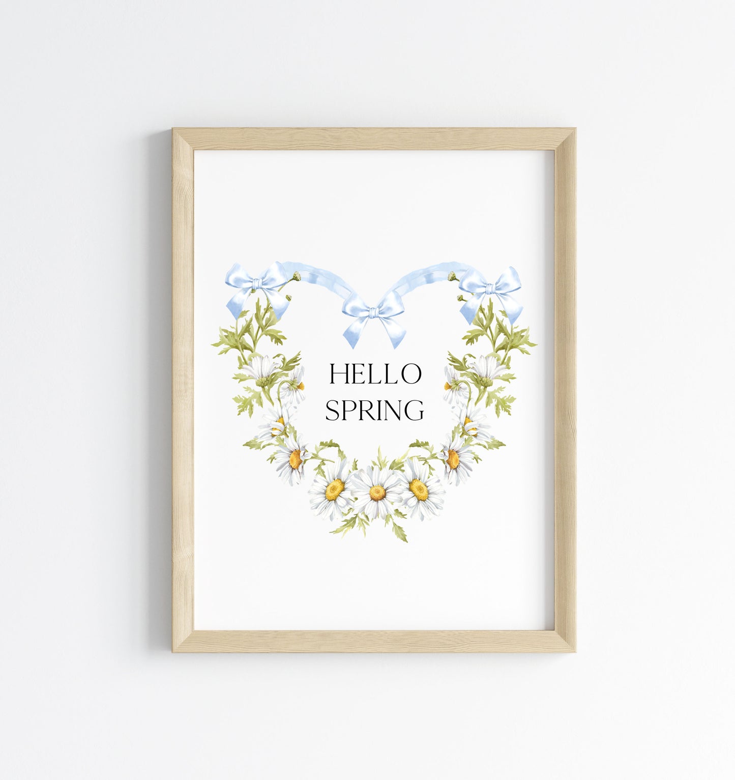 Hello Spring wall art, blue bow daisy heart wreath floral decor unframed poster print