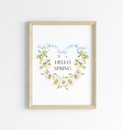Hello Spring wall art, blue bow daisy heart wreath floral decor unframed poster print