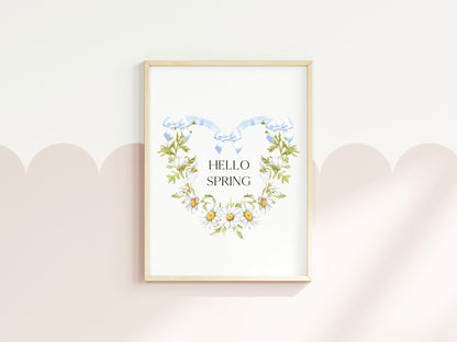 Hello Spring wall art, blue bow daisy heart wreath floral decor unframed poster print