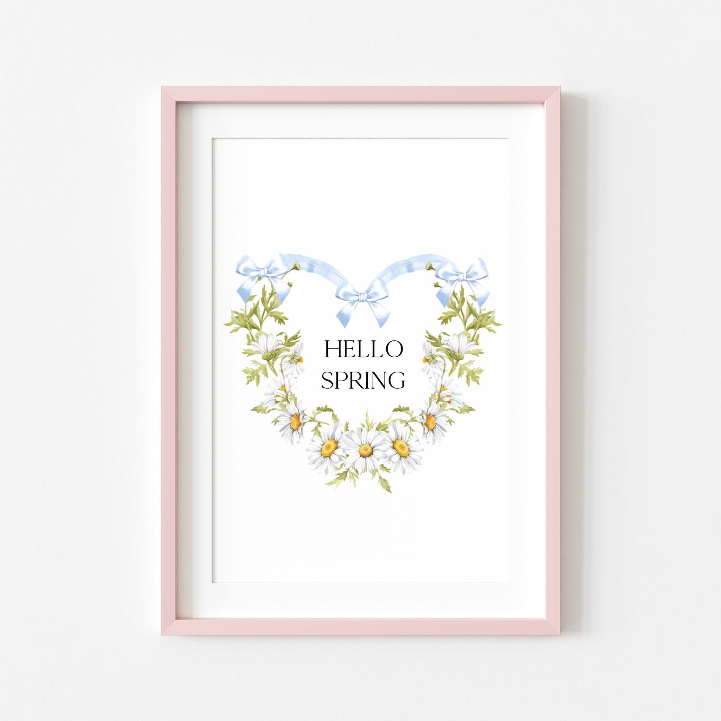 Hello Spring wall art, blue bow daisy heart wreath floral decor unframed poster print