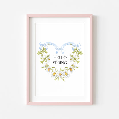 Hello Spring wall art, blue bow daisy heart wreath floral decor unframed poster print