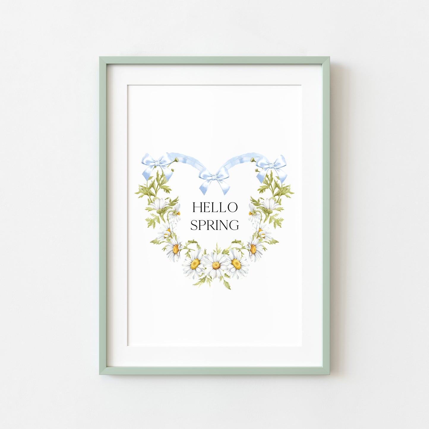 Hello Spring wall art, blue bow daisy heart wreath floral decor unframed poster print