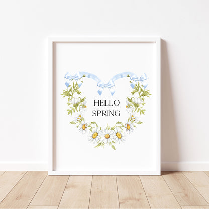 Hello Spring wall art, blue bow daisy heart wreath floral decor unframed poster print