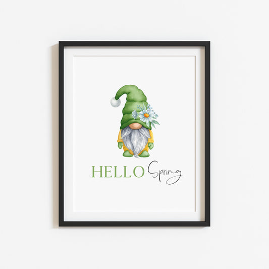 Hello spring yellow & green Daisy Gonk gnome seasonal spring wall art seasonal unframed poster print