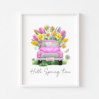 Hello Spring time, pink spring floral truck watercolour seasonal home bedroom unframed wall art poster print