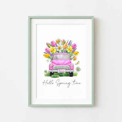 Hello Spring time, pink spring floral truck watercolour seasonal home bedroom unframed wall art poster print