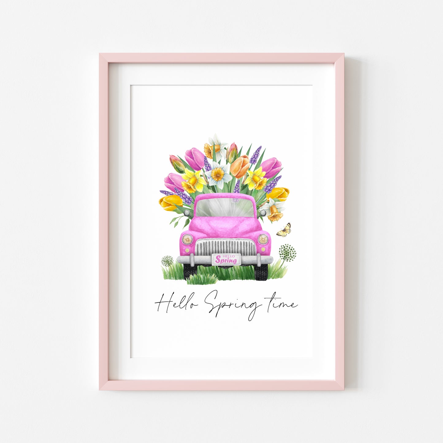 Hello Spring time, pink spring floral truck watercolour seasonal home bedroom unframed wall art poster print