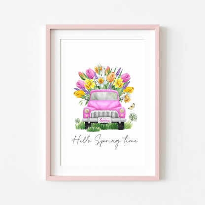 Hello Spring time, pink spring floral truck watercolour seasonal home bedroom unframed wall art poster print