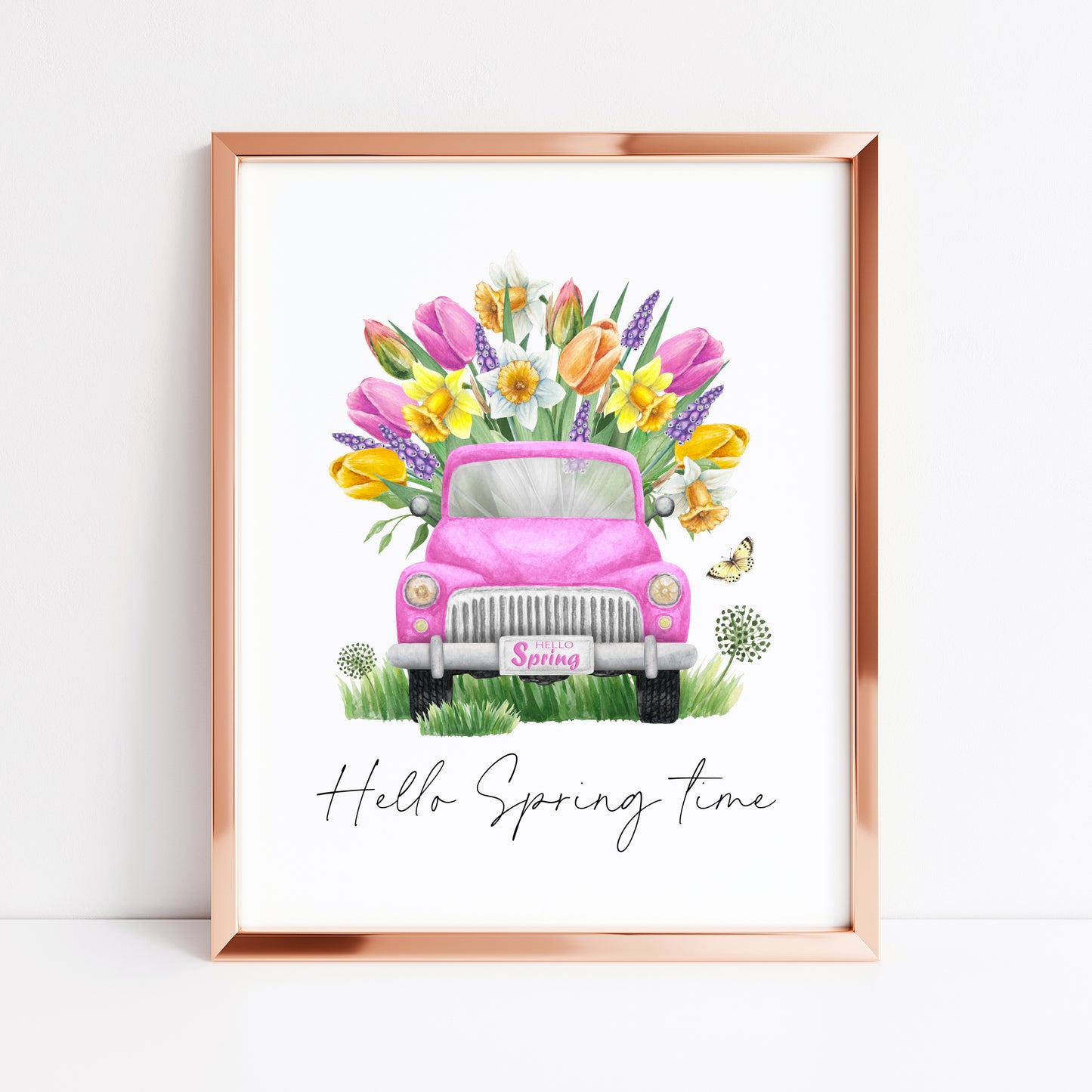 Hello Spring time, pink spring floral truck watercolour seasonal home bedroom unframed wall art poster print