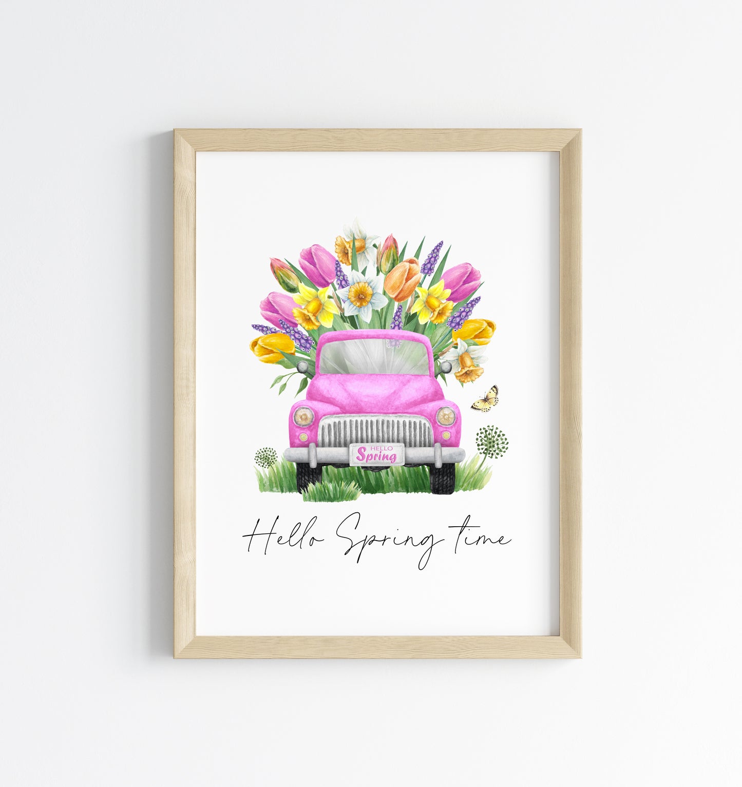 Hello Spring time, pink spring floral truck watercolour seasonal home bedroom unframed wall art poster print
