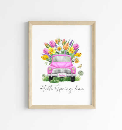 Hello Spring time, pink spring floral truck watercolour seasonal home bedroom unframed wall art poster print