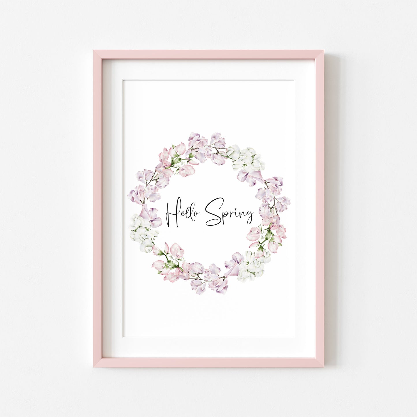 Hello Spring, pink & white floral watercolour wreath spring seasonal unframed wall art poster print