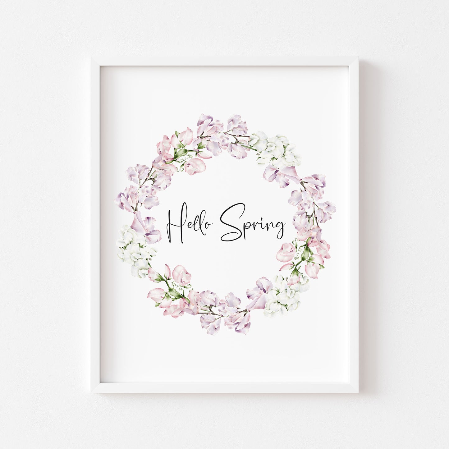 Hello Spring, pink & white floral watercolour wreath spring seasonal unframed wall art poster print