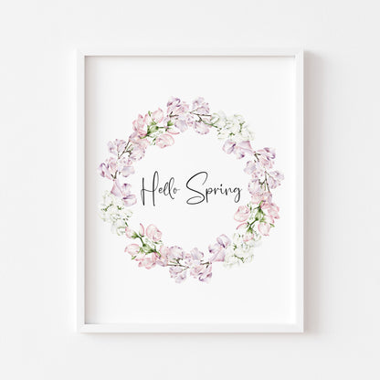 Hello Spring, pink & white floral watercolour wreath spring seasonal unframed wall art poster print