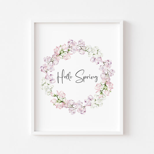 Hello Spring, pink & white floral watercolour wreath spring seasonal unframed wall art poster print