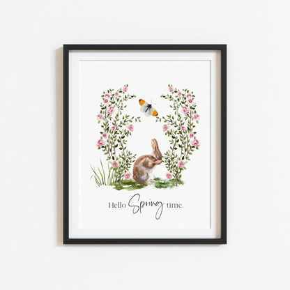 Hello spring time, cute bunny rabbit garden floral butterfly scenery seasonal unframed wall art poster print