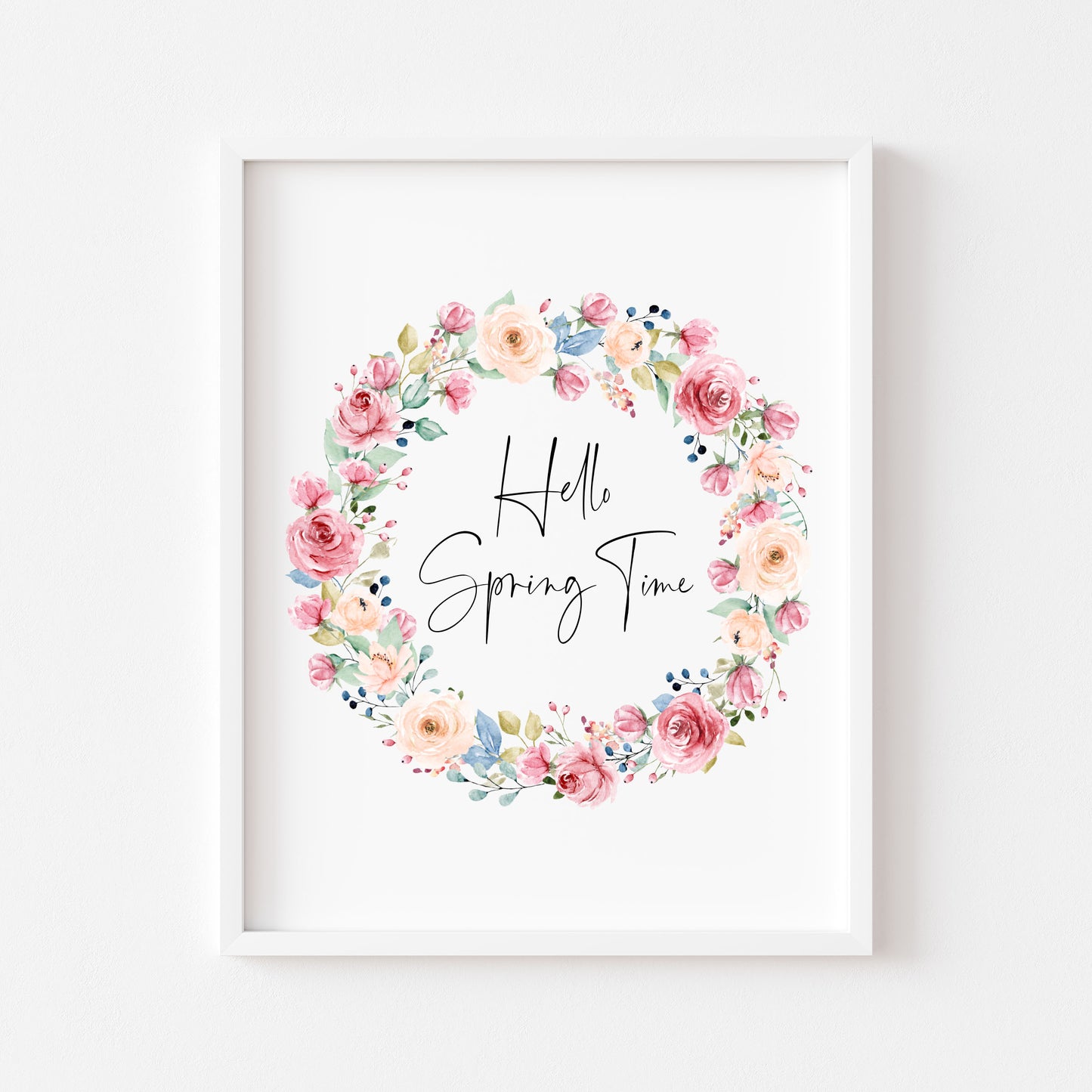Hello Spring time Watercolour floral Wreath Print Wall Art (unframed)