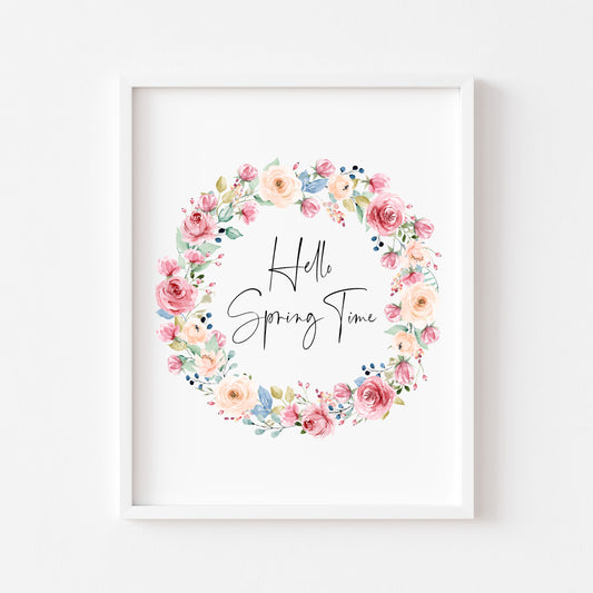 Hello Spring time Watercolour floral Wreath Print Wall Art (unframed)