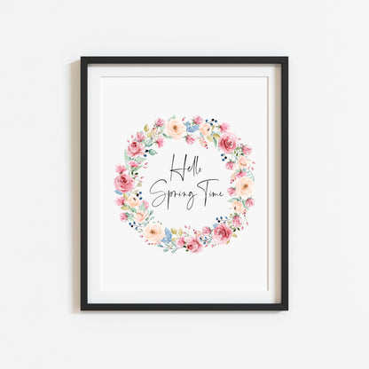 Hello Spring time Watercolour floral Wreath Print Wall Art (unframed)