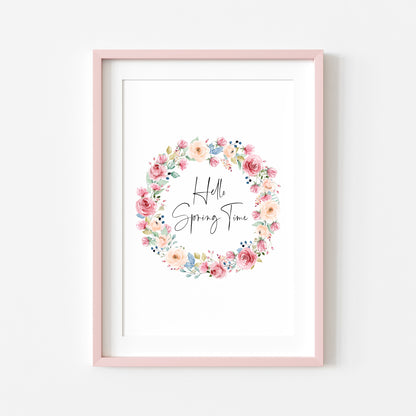 Hello Spring time Watercolour floral Wreath Print Wall Art (unframed)