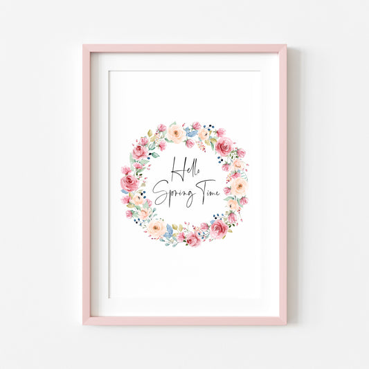 Hello Spring time Watercolour floral Wreath Print Wall Art (unframed)